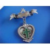 Ribbon with Heart Dangle & Green Enamel Cross Pin Brooch
